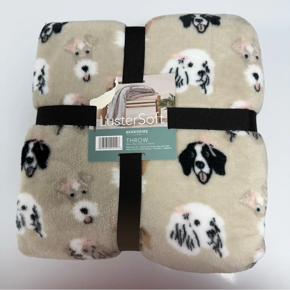 NWT Berkshire LusterSoft Throw Blanket Beige Dogs Print 50”x70” Dog Poodle Pup